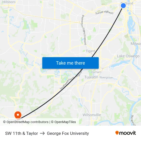 SW 11th & Taylor to George Fox University map