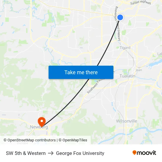 SW 5th & Western to George Fox University map