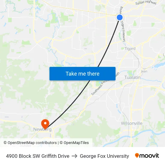 4900 Block SW Griffith Drive to George Fox University map