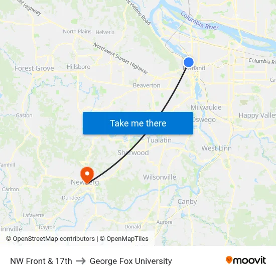 NW Front & 17th to George Fox University map