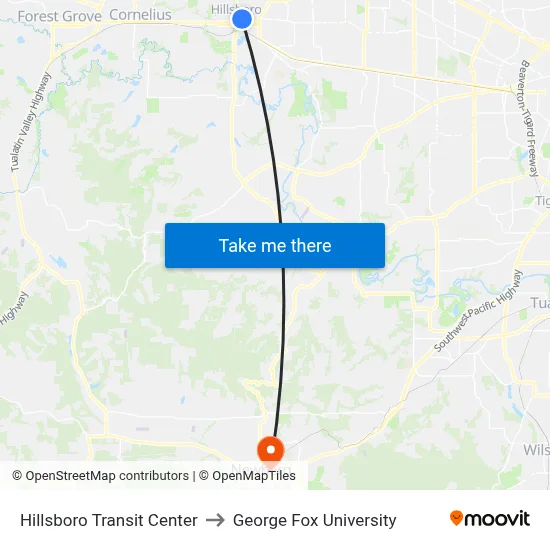Hillsboro Transit Center to George Fox University map