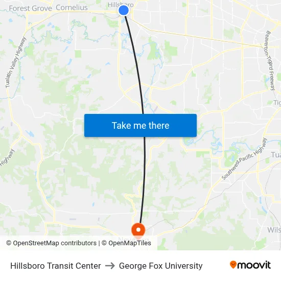 Hillsboro Transit Center to George Fox University map
