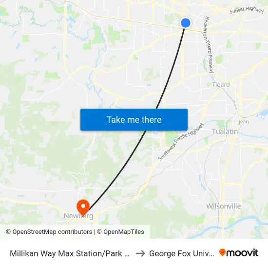 Millikan Way Max Station/Park And Ride to George Fox University map