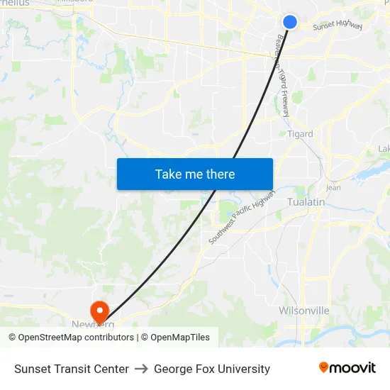 Sunset Transit Center to George Fox University map
