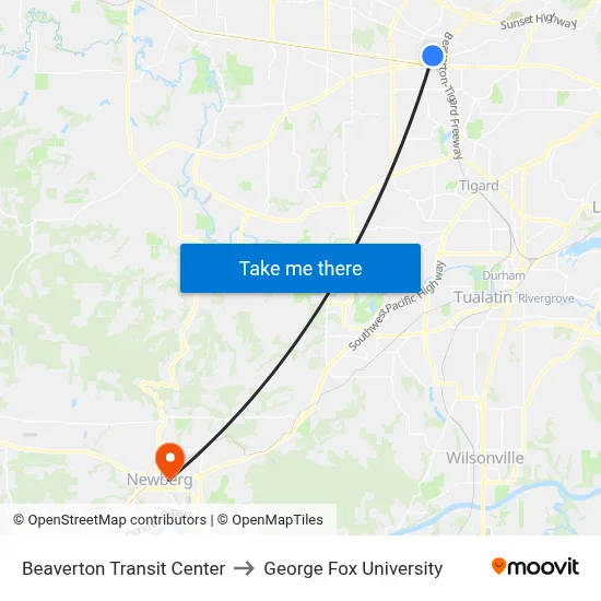 Beaverton Transit Center to George Fox University map