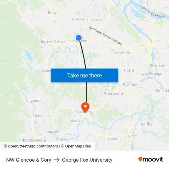 NW Glencoe & Cory to George Fox University map