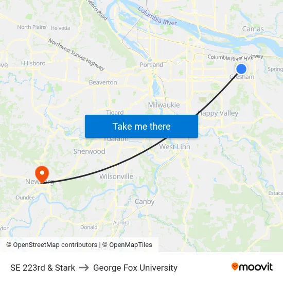 SE 223rd & Stark to George Fox University map