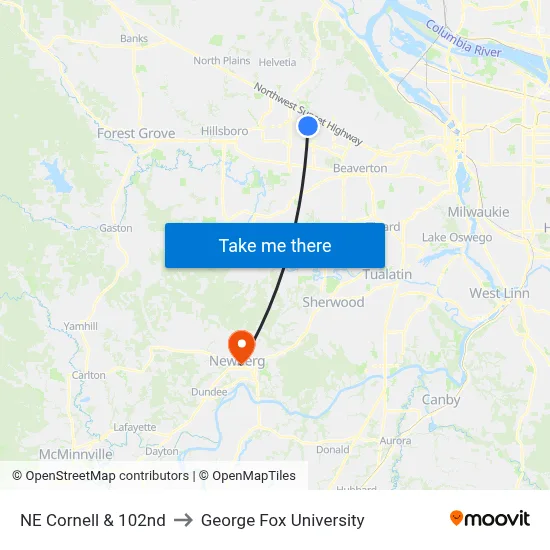 NE Cornell & 102nd to George Fox University map