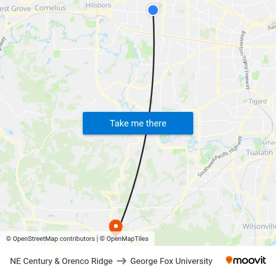 NE Century & Orenco Ridge to George Fox University map