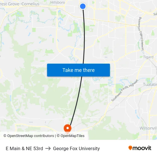 E Main & NE 53rd to George Fox University map