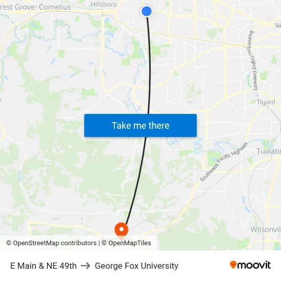 E Main & NE 49th to George Fox University map