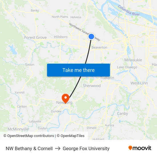 NW Bethany & Cornell to George Fox University map