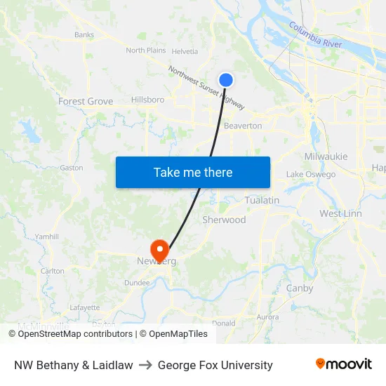 NW Bethany & Laidlaw to George Fox University map