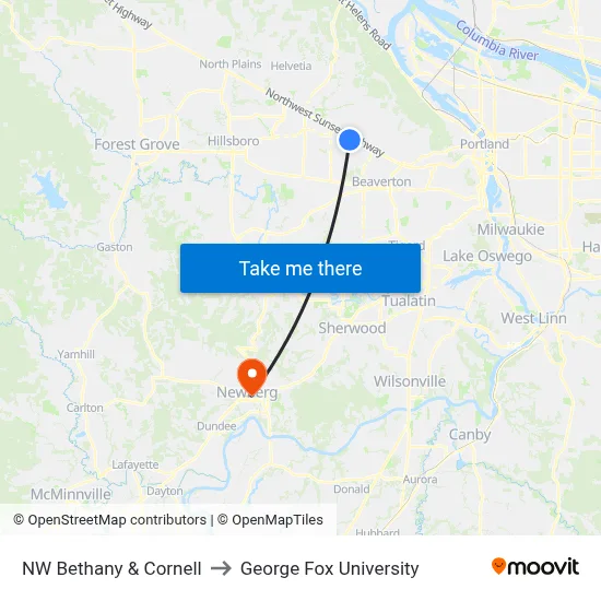 NW Bethany & Cornell to George Fox University map