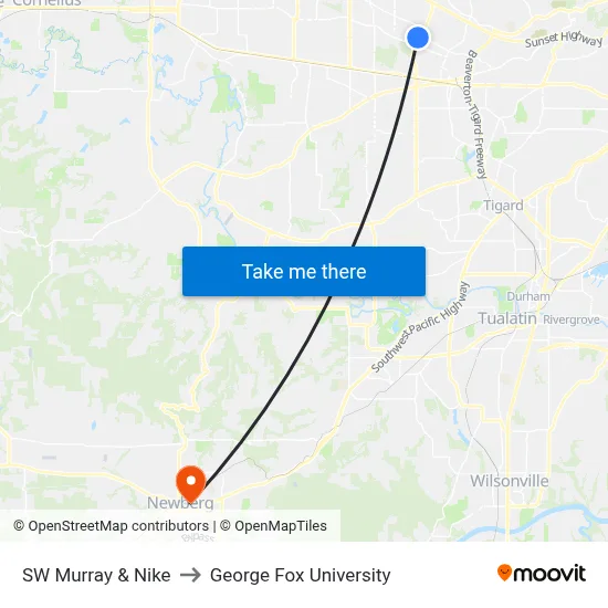 SW Murray & Nike to George Fox University map