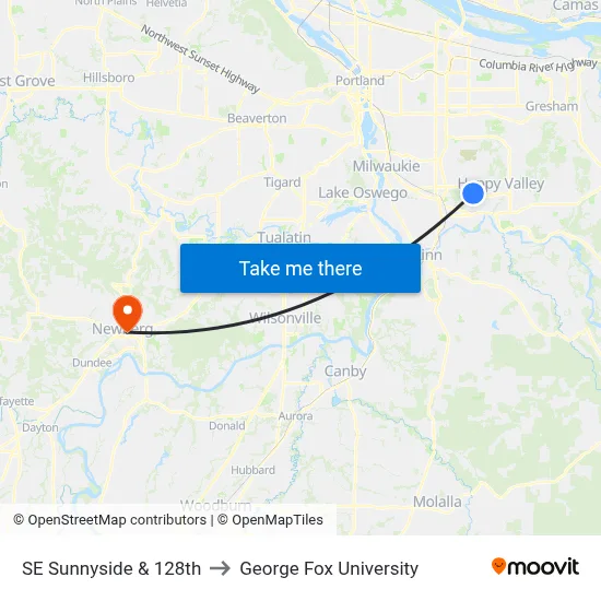 SE Sunnyside & 128th to George Fox University map