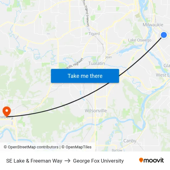 SE Lake & Freeman Way to George Fox University map