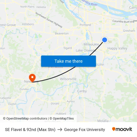 SE Flavel & 92nd (Max Stn) to George Fox University map