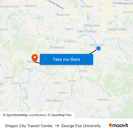Oregon City Transit Center to George Fox University map
