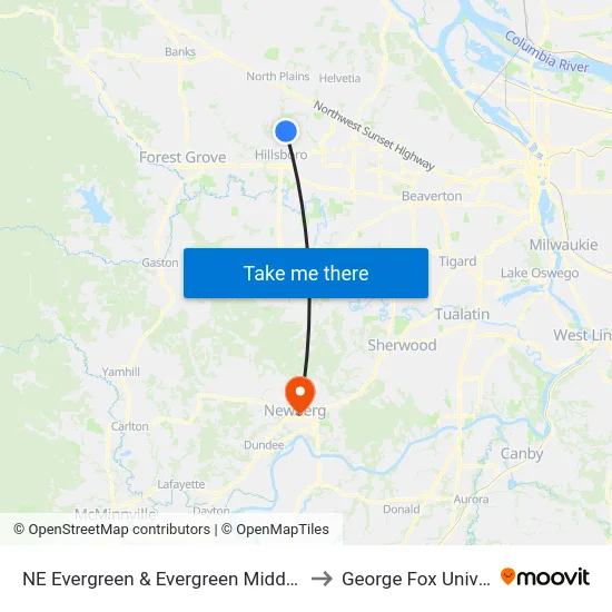 NE Evergreen & Evergreen Middle School to George Fox University map