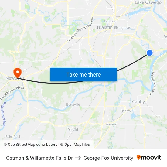 Ostman & Willamette Falls Dr to George Fox University map