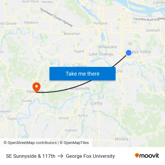 SE Sunnyside & 117th to George Fox University map