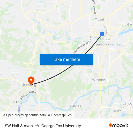 SW Hall & Avon to George Fox University map