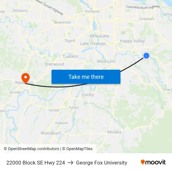 22000 Block SE Hwy 224 to George Fox University map