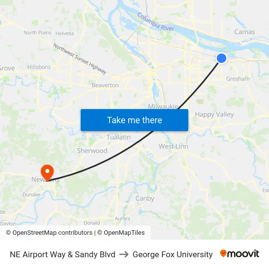 NE Airport Way & Sandy Blvd to George Fox University map