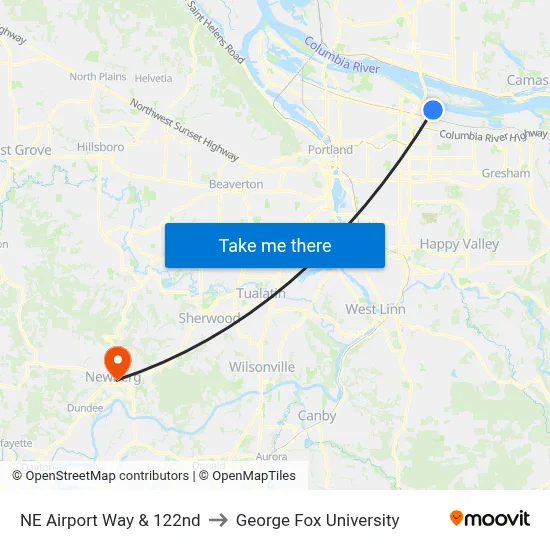 NE Airport Way & 122nd to George Fox University map