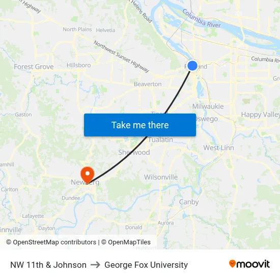 NW 11th & Johnson to George Fox University map