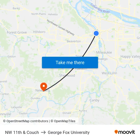 NW 11th & Couch to George Fox University map