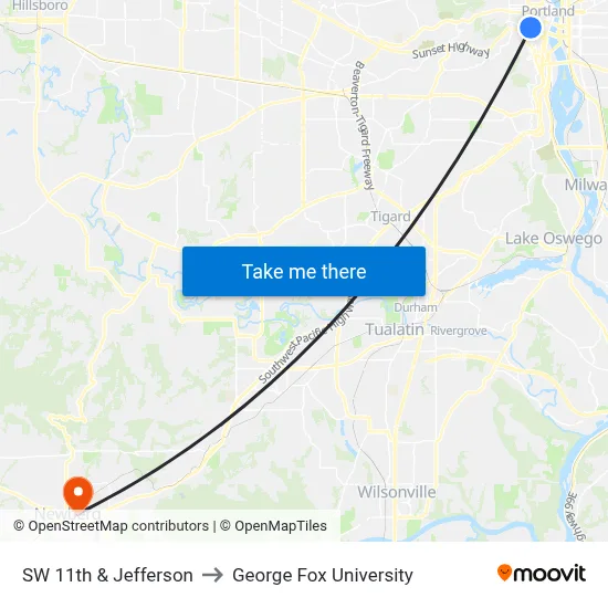 SW 11th & Jefferson to George Fox University map