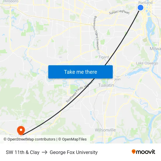 SW 11th & Clay to George Fox University map