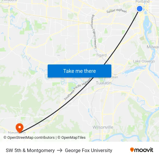 SW 5th & Montgomery to George Fox University map