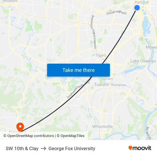 SW 10th & Clay to George Fox University map