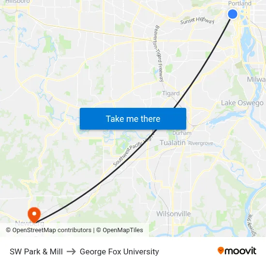 SW Park & Mill to George Fox University map