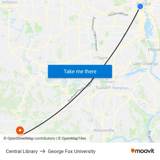 Central Library to George Fox University map