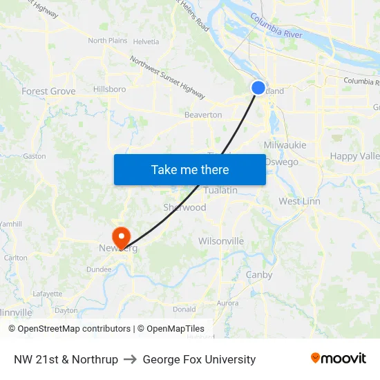 NW 21st & Northrup to George Fox University map
