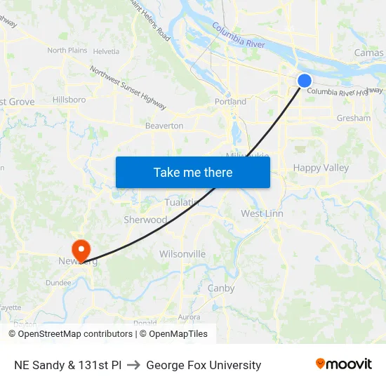 NE Sandy & 131st Pl to George Fox University map