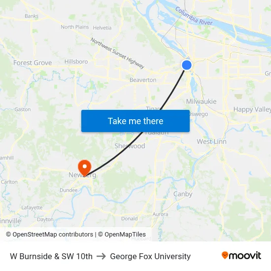 W Burnside & SW 10th to George Fox University map