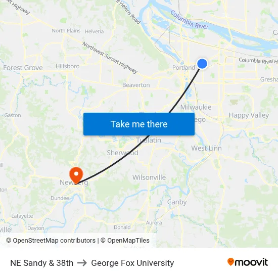 NE Sandy & 38th to George Fox University map