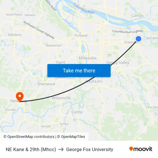 NE Kane & 29th (Mhcc) to George Fox University map