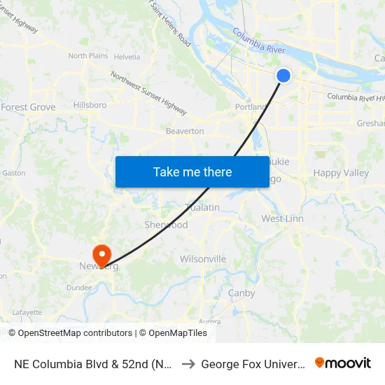 NE Columbia Blvd & 52nd (Naya) to George Fox University map