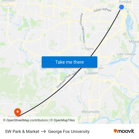 SW Park & Market to George Fox University map
