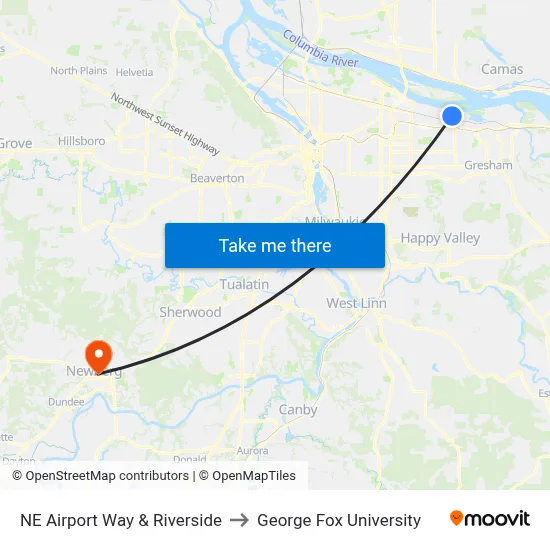 NE Airport Way & Riverside to George Fox University map
