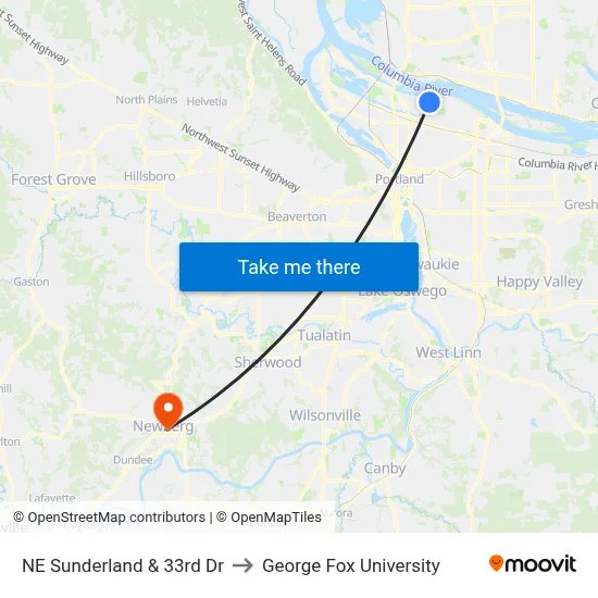 NE Sunderland & 33rd Dr to George Fox University map