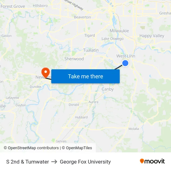 S 2nd & Tumwater to George Fox University map