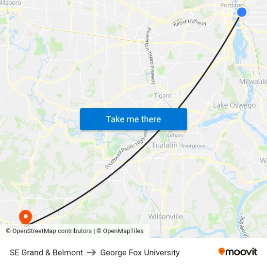 SE Grand & Belmont to George Fox University map