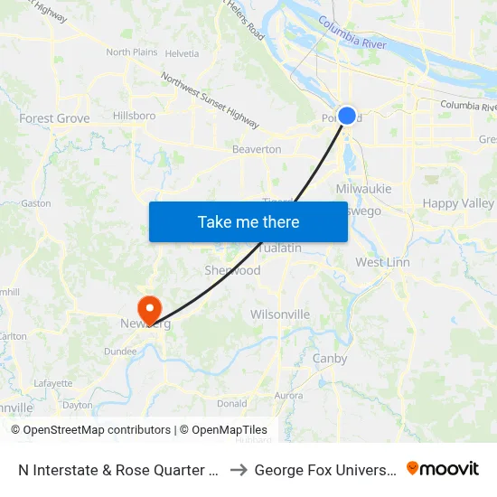 N Interstate & Rose Quarter TC to George Fox University map